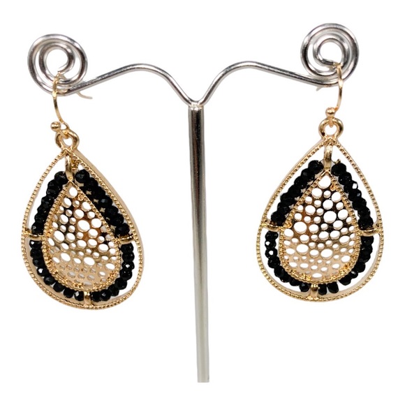 Gold Teardrop Dangle Earrings with Crystals - Picture 2 of 4